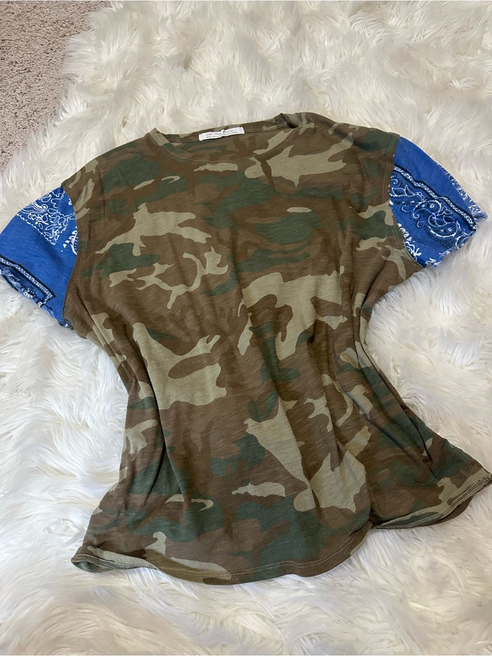 We The Free Camo Short Sleeve Tee with Blue Bandana Sleeves